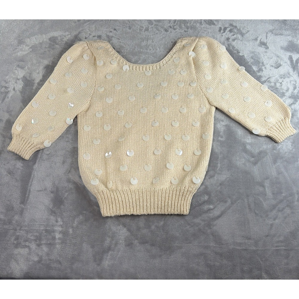 Alan Austin Womens S Cream Sequin Knit Sweater Puff Sleeve Vintage